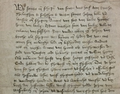 Charter van aankoop van het goed van Boxberch in Zussen door Hennen Morees in 1403, voorblad