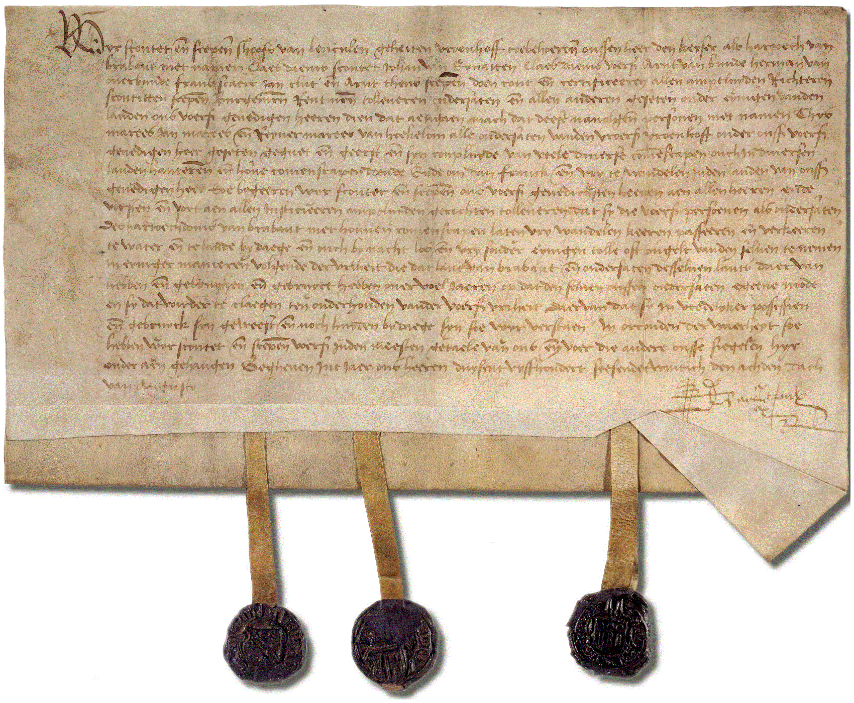 Gezegeld charter uit 1526 dat vrijstelling geeft van tol en accijnzen