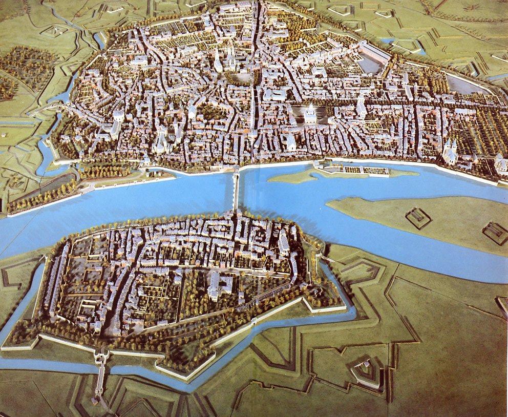 De stad Maastricht op de maquette van 1750.
